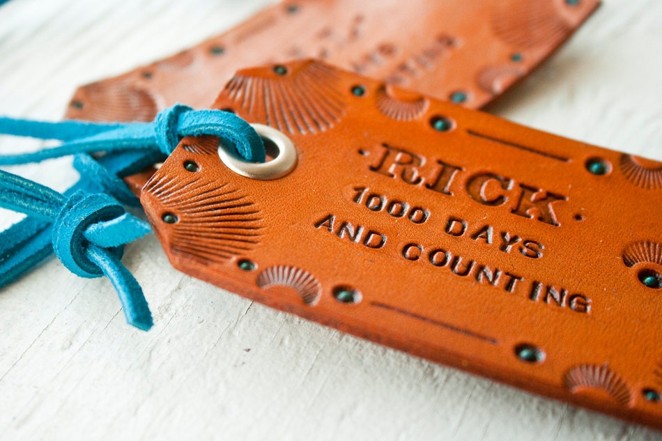 Custom Leather Luggage Tag - TOOLED and decorated - CLASSIC SHAPE - customize with your text, stain color and suede lace color