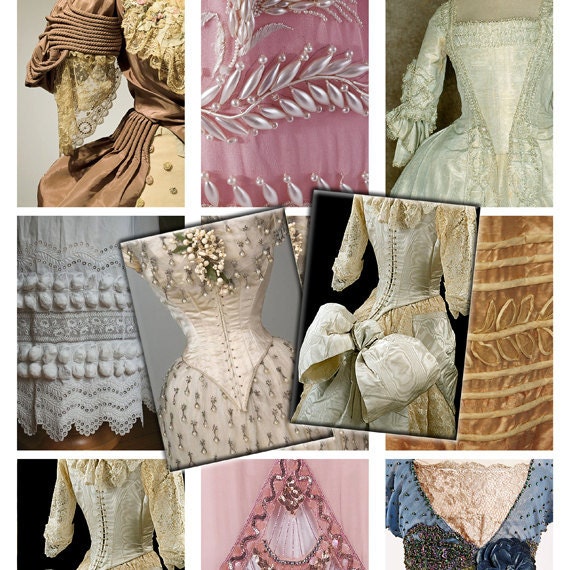 Collage Sheet Vintage Gown Details Beads Sequins Lace Bow ATC Size Digital Download