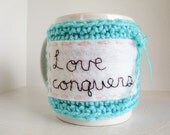 Coffee Sleeve - Love Conquers Crochet Coffee Cup Cozy in Robins Egg Blue, White and Baby Pink