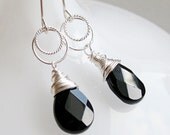 Drop  Earrings - Sterling Silver, Black, Onyx,   Gemstone Earrings, Birthstone July, Wire Wrapped,   Handmade Jewelry