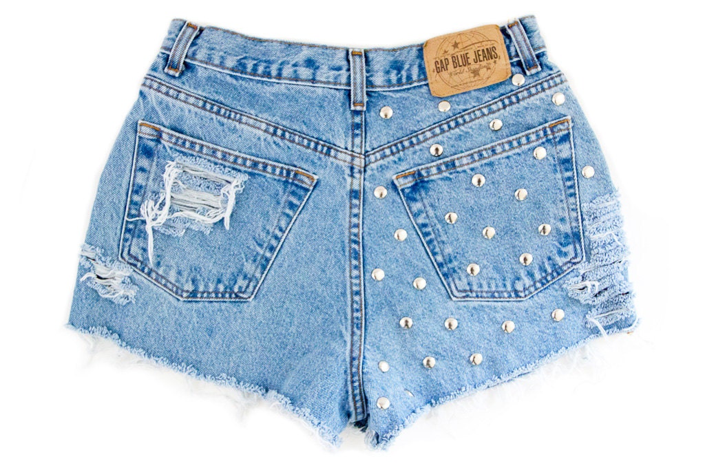 Studded Shorts, Vintage Distressed High Waisted Denim W28