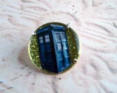 Blue Police Box Doctor Who Inspired Pin, Gold Glitter, Sparkly Sci Fi Inspired Jewelry, Small One-Inch Brooch