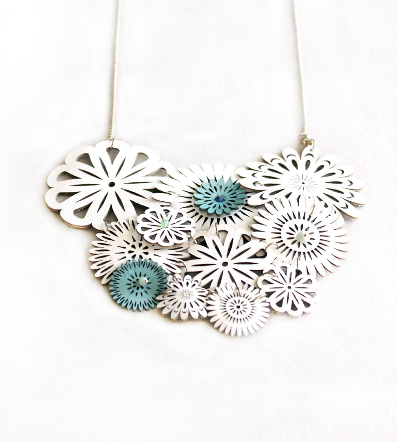 White Leather Spring Blossom Necklace With Tiny Blue Flowers
