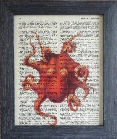 Octopus print on an vintage french dictionary page, dictionary print for your wall 8x10
