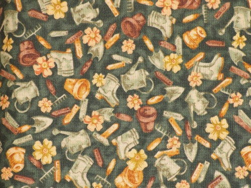 Red Rooster Fabrics - Gardening Shed / Garden Tools on Green