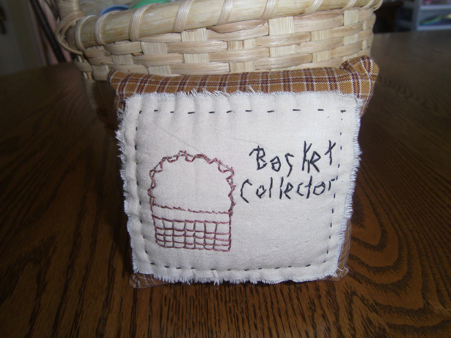Hand Embroidered, Pillow , Basket Collector, Primitive