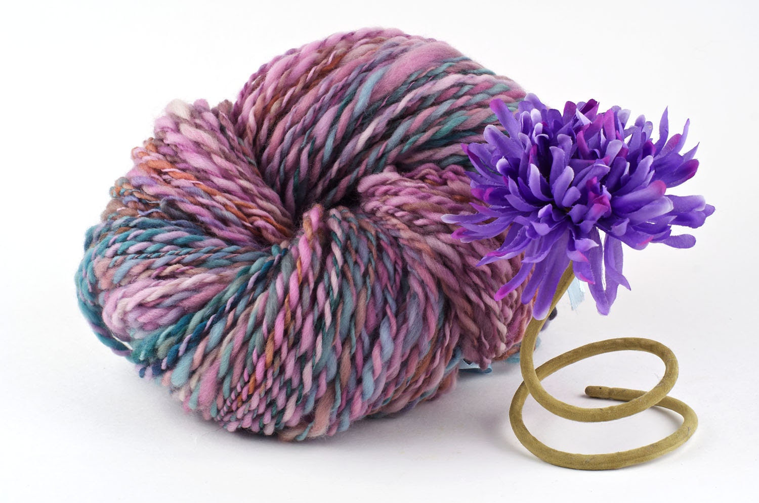 Superfine Merino Handspun yarn in lilac and green. Spring Garden, by Woolwench
