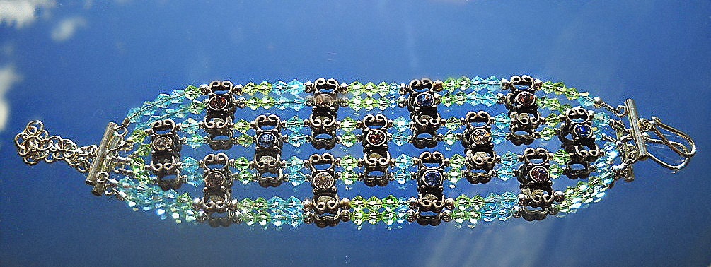 Crystal Bracelet - Triple Stranded - Blues Greens and Pinks - Sterling Silver