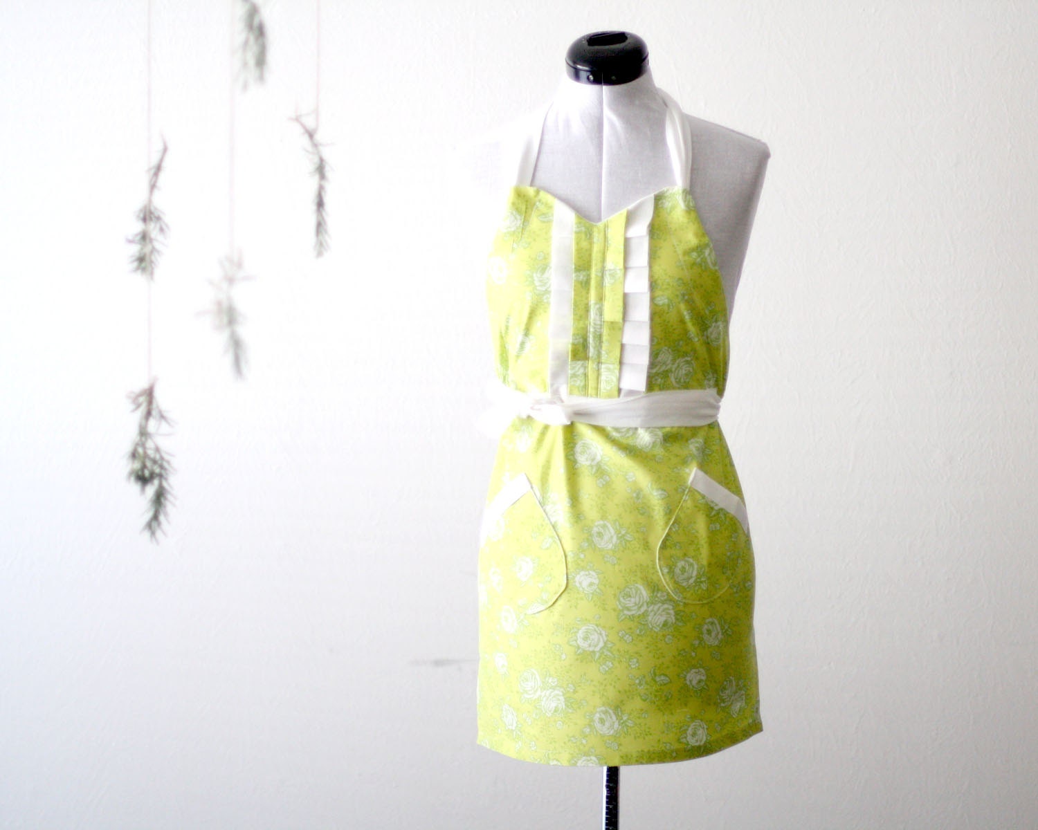 Green Rose Apron - floral bright light chartreuse green, white cotton adjustable hostess apron with ruffle, pockets