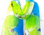 Spring Fashion. Hand Painted Silk Scarf. Pastel Aqua & Chartreuse Flowers Scarf. Pastel Fashion. Silk Chiffon.10x54 in. Made to order.