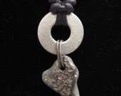 urban artifact necklace - steel blue heart-shaped Lake Michigan slag glass, silver steel washer