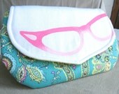 Clutch Hand Painted Purse Cat Eye Glasses Pink Jade Green Paisley