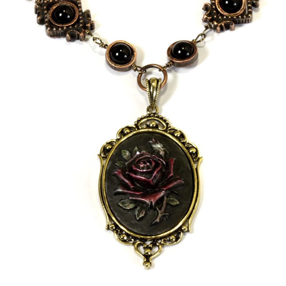 Steampunk Goth Jewelry - Necklace - Dark Rose Cameo -  Black Onyx