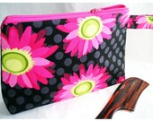 Cosmetics Bag, Knitting Notions Zipper Pouch, Project Bag, Bright Sunflowers Polka Dots, Black Hot Pink Lime Green