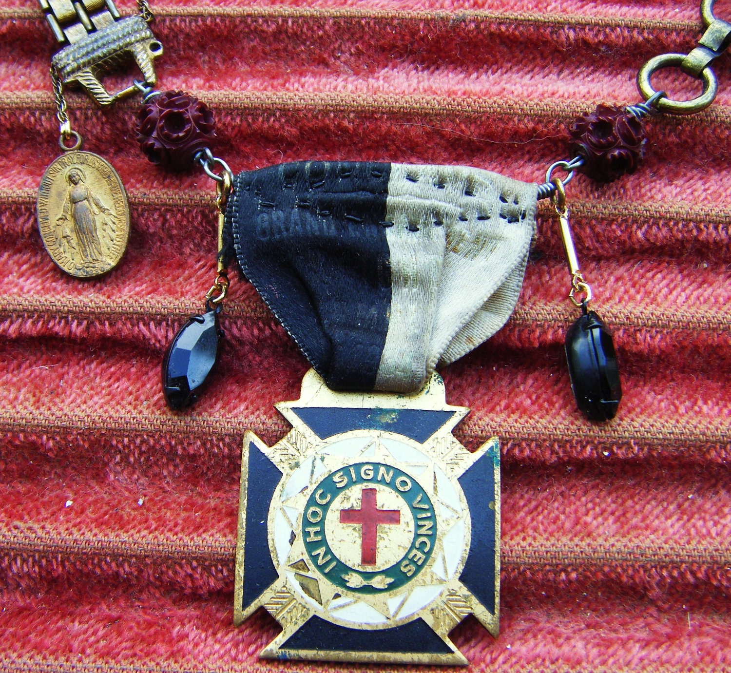 Antique religious necklace silk ribbon enamel French cross catholic medal carved rosary bookchain Madonna vintage assemblage