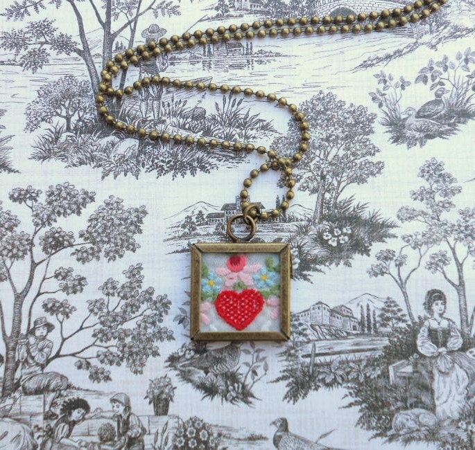 Vintage Embroidered Linen Necklace (Heart)