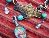 Religious locket necklace double sided glass picture religious sacred heart bezel rhinestones vintage assemblage