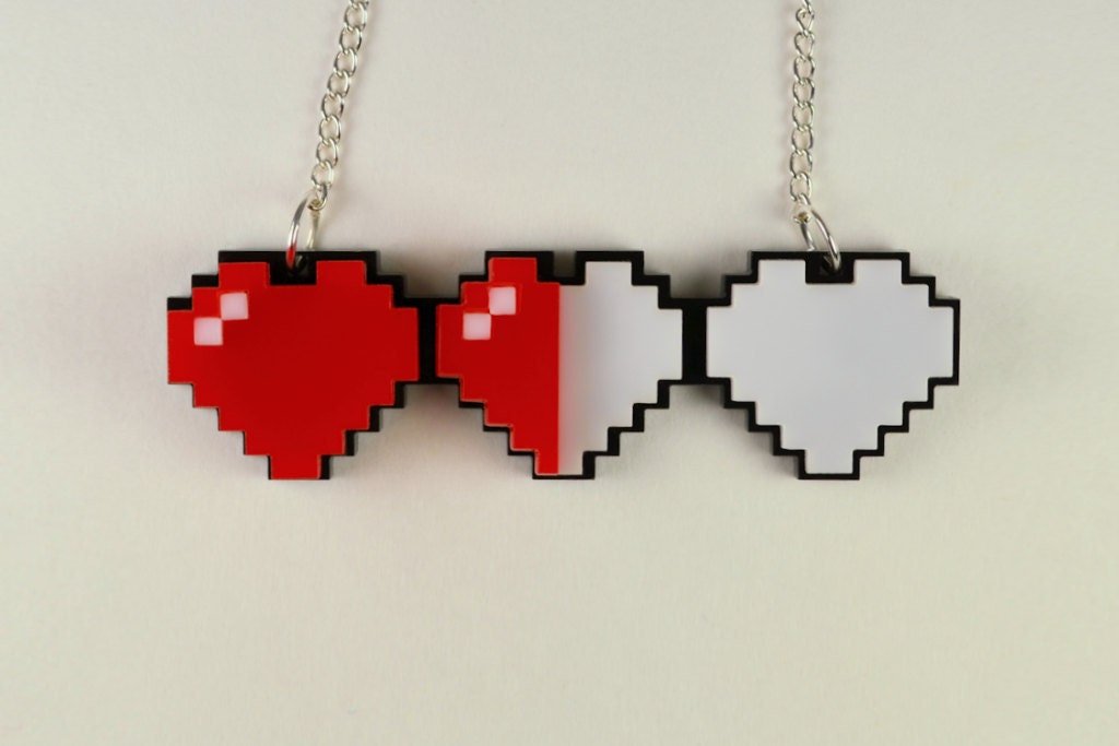 Health Bar Three Pixel Hearts Necklace - Laser Cut Acrylic  - Legend of Zelda Health Hearts Necklace