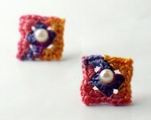 Crochet Earrings Mini Granny Square Studs Lavender Tangerine Rose Fuchsia