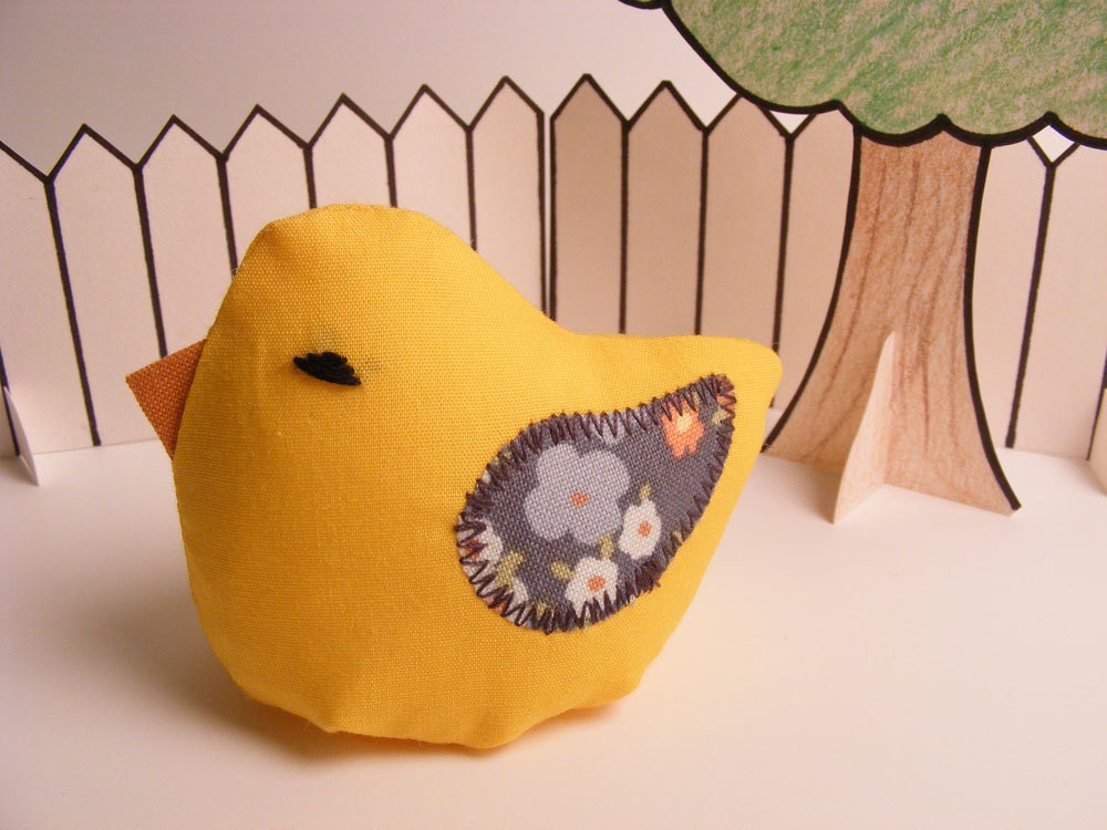 Plush Bird - Yellow "Little Bean Bird" with grey floral wings - Banjoflannel