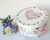 Hand Painted Hat Box - Crisp White with Pink Blue Purple Floral Heart Design and Polka Dot Border - Decorative Box Storage 7.5 inches