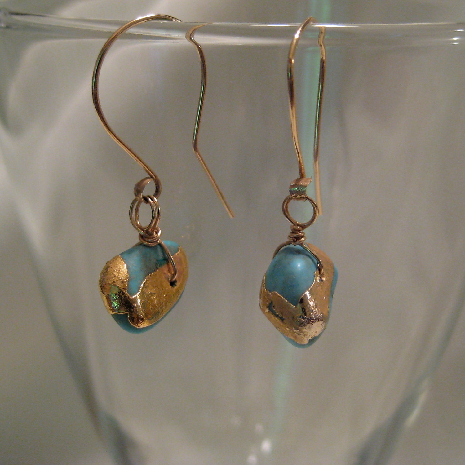Gold and Turquoise Earring Turquoise Drop Earring 14k Yellow Gold Dangle Natural Organic JJDLJewelryArt