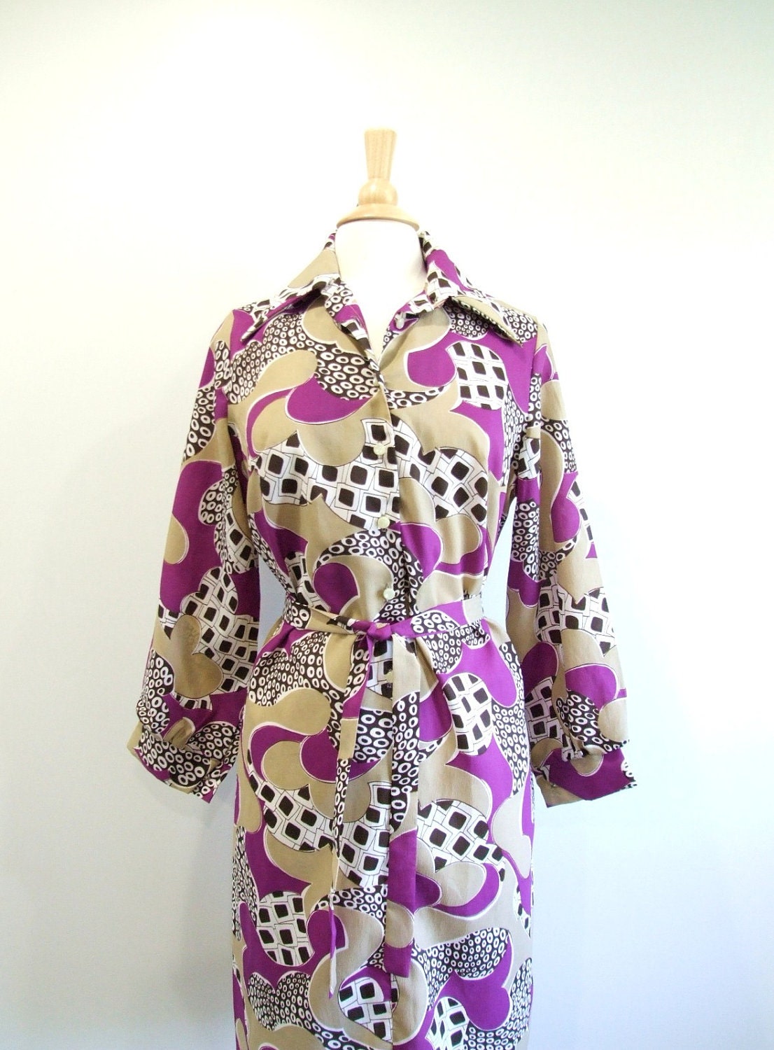 Vintage Shirt Dress Long Sleeve Purple Shirtdress - M/L