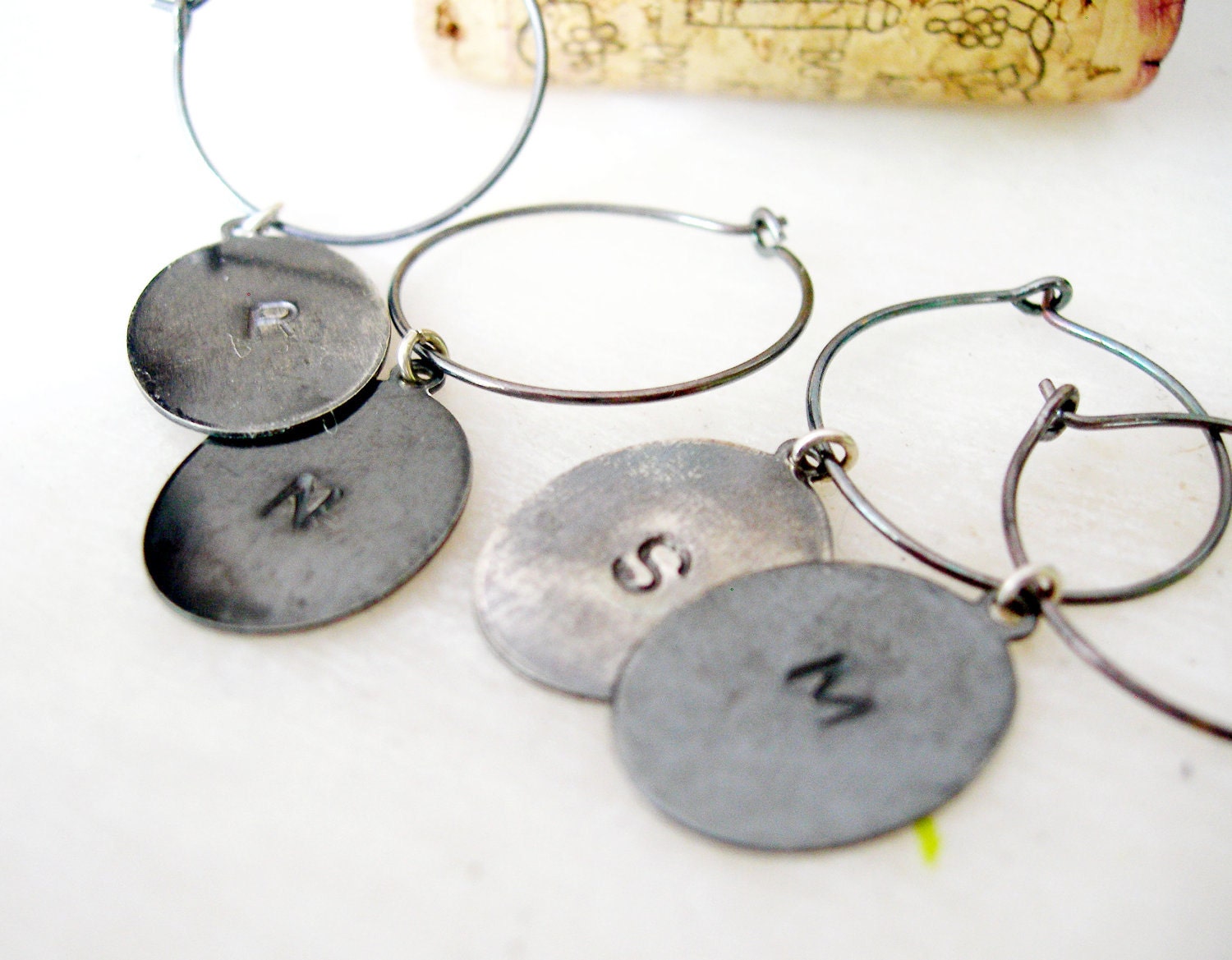 Antiqued Personalized Alphabet Stamped Sterling Silver Wine Charms, set of 6. New Item