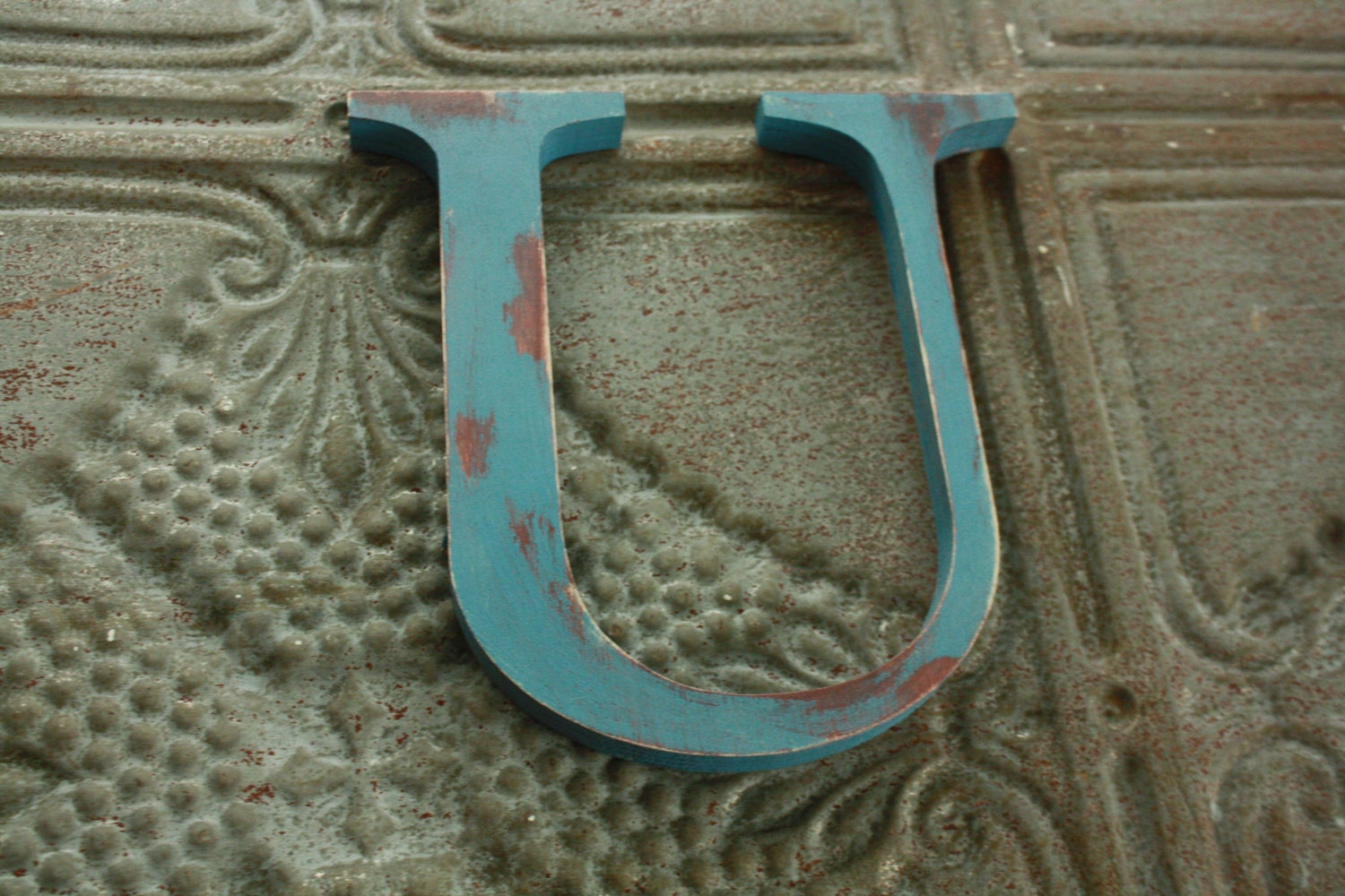 Wooden letter 'U' six inch painted Blue and Brown distressed