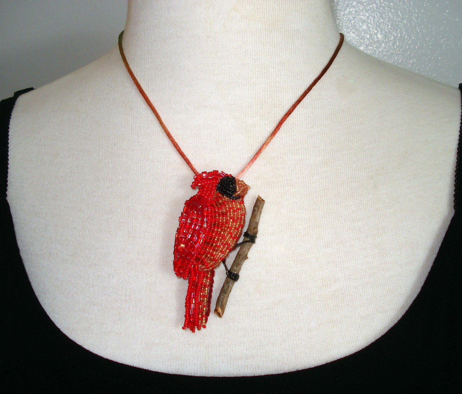 NORTHERN CARDINAL beaded holiday red bird pin / pendant