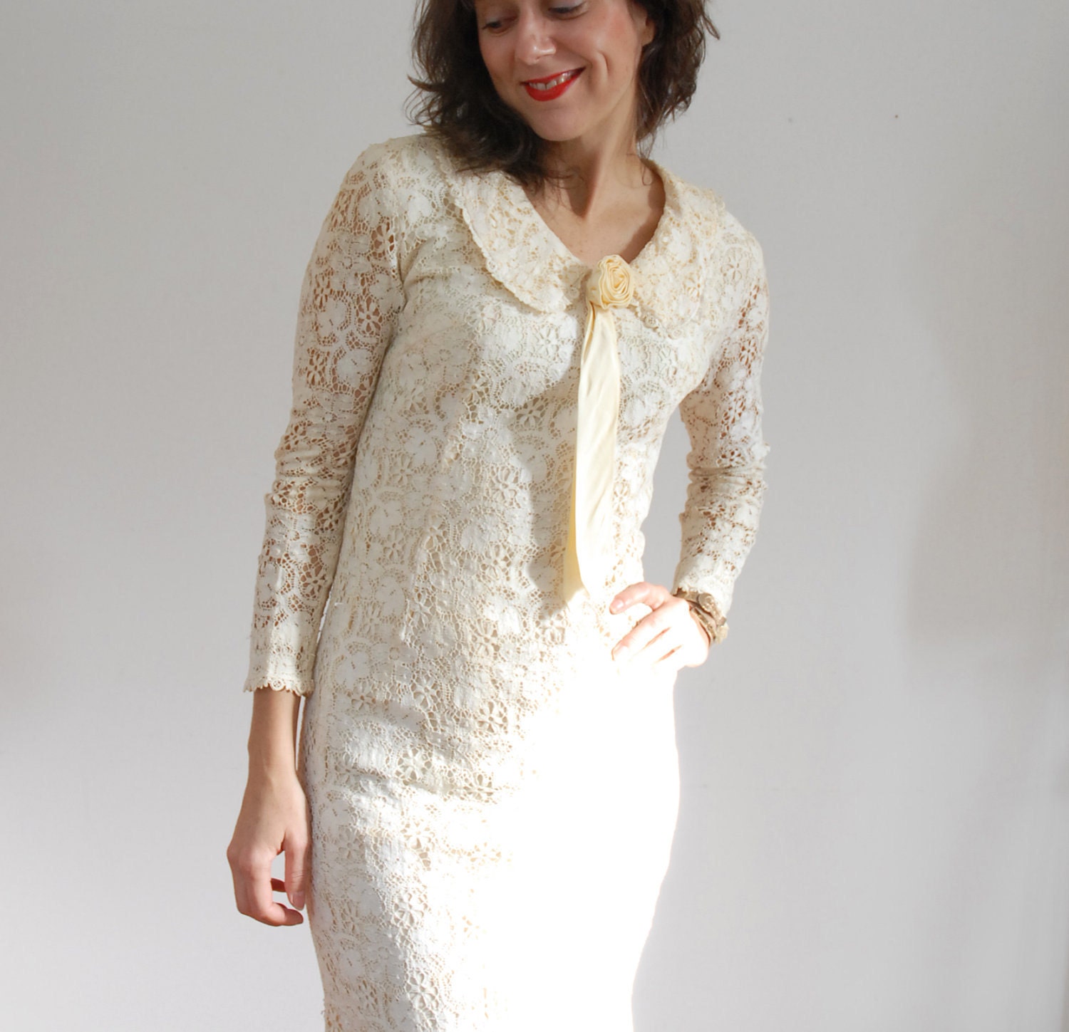 s a l e 60s Cream Lace Dress / 1960s Lace / Wedding Dress