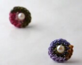 Crochet Earrings Studs Mini Circles Salmon Pink Lavender Olive Green Pale Orange