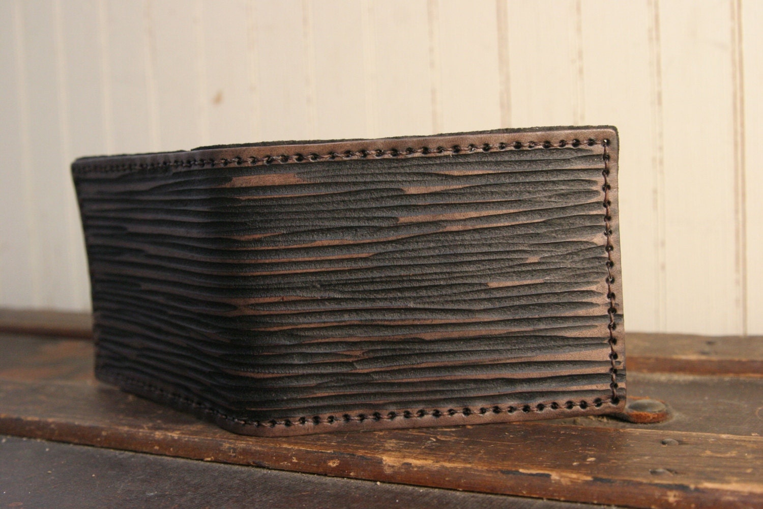 Leather Wallet - Bifold ID Style in Blaise - Antique Black with Wood Grain