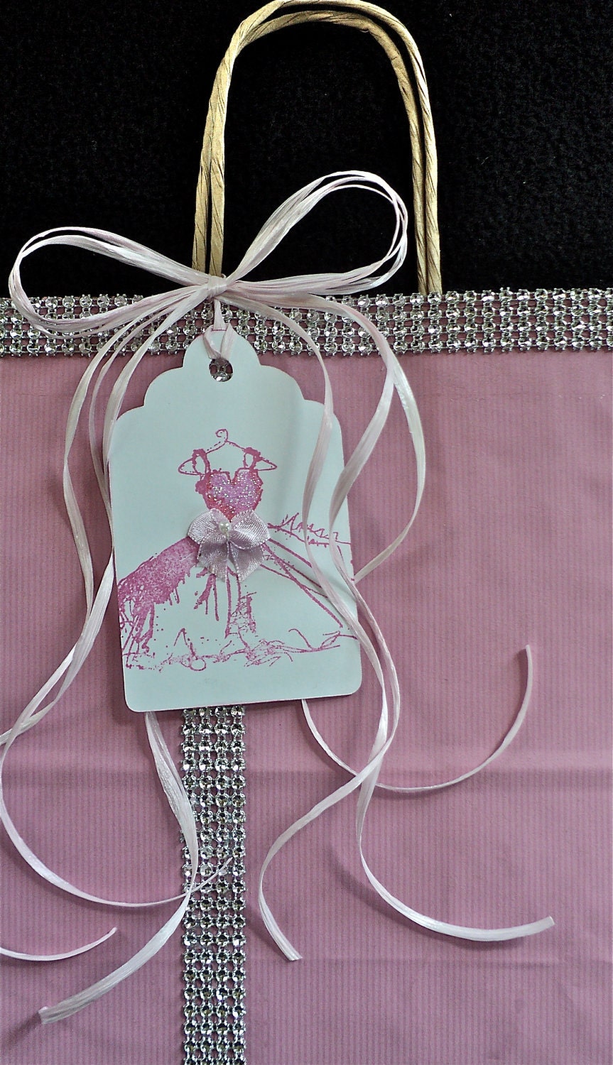 Custom Order for 6 Handmade gift bag in pastel pink with pink dress and rhinestone ribbon