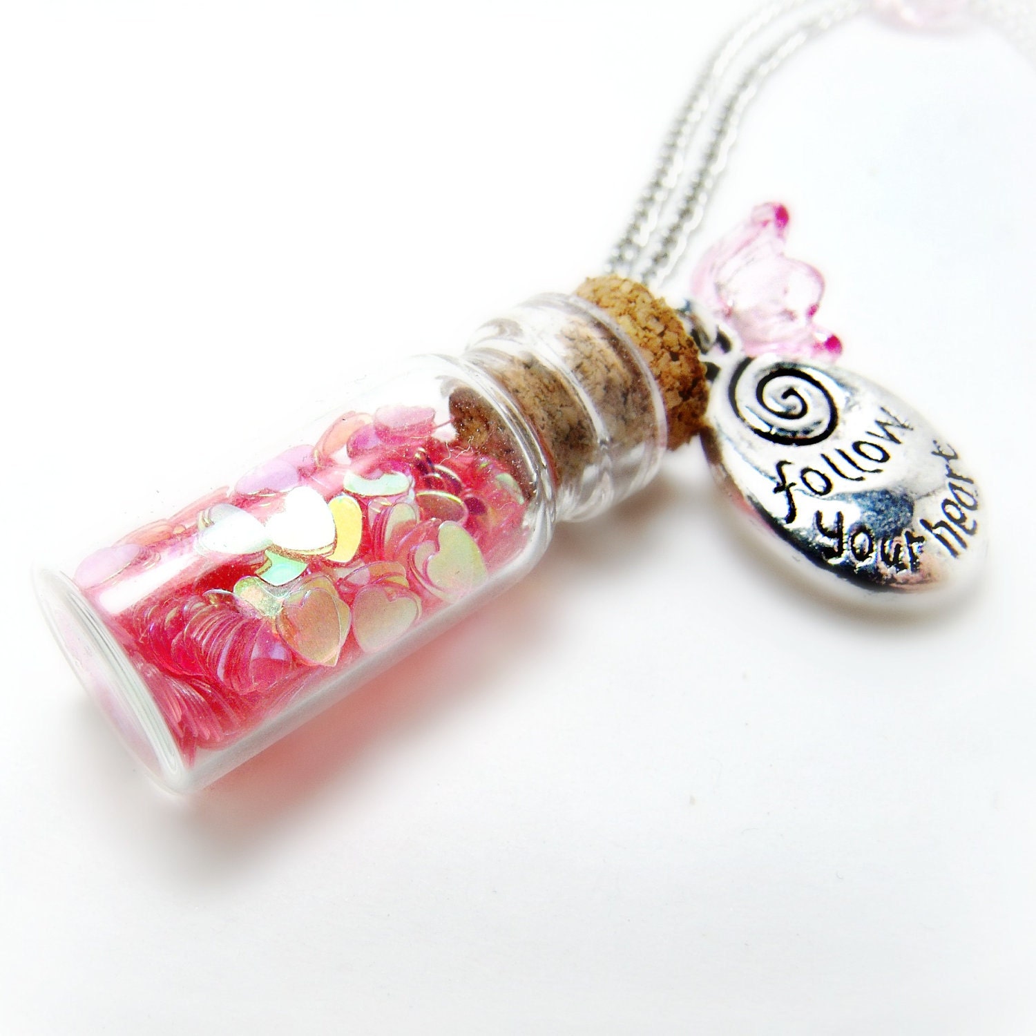 Jar of Hearts Necklace- Glitter Necklace-Bottle Necklace-Charm Necklace-Spring necklace-Flower Necklace-Bottle Jewelry