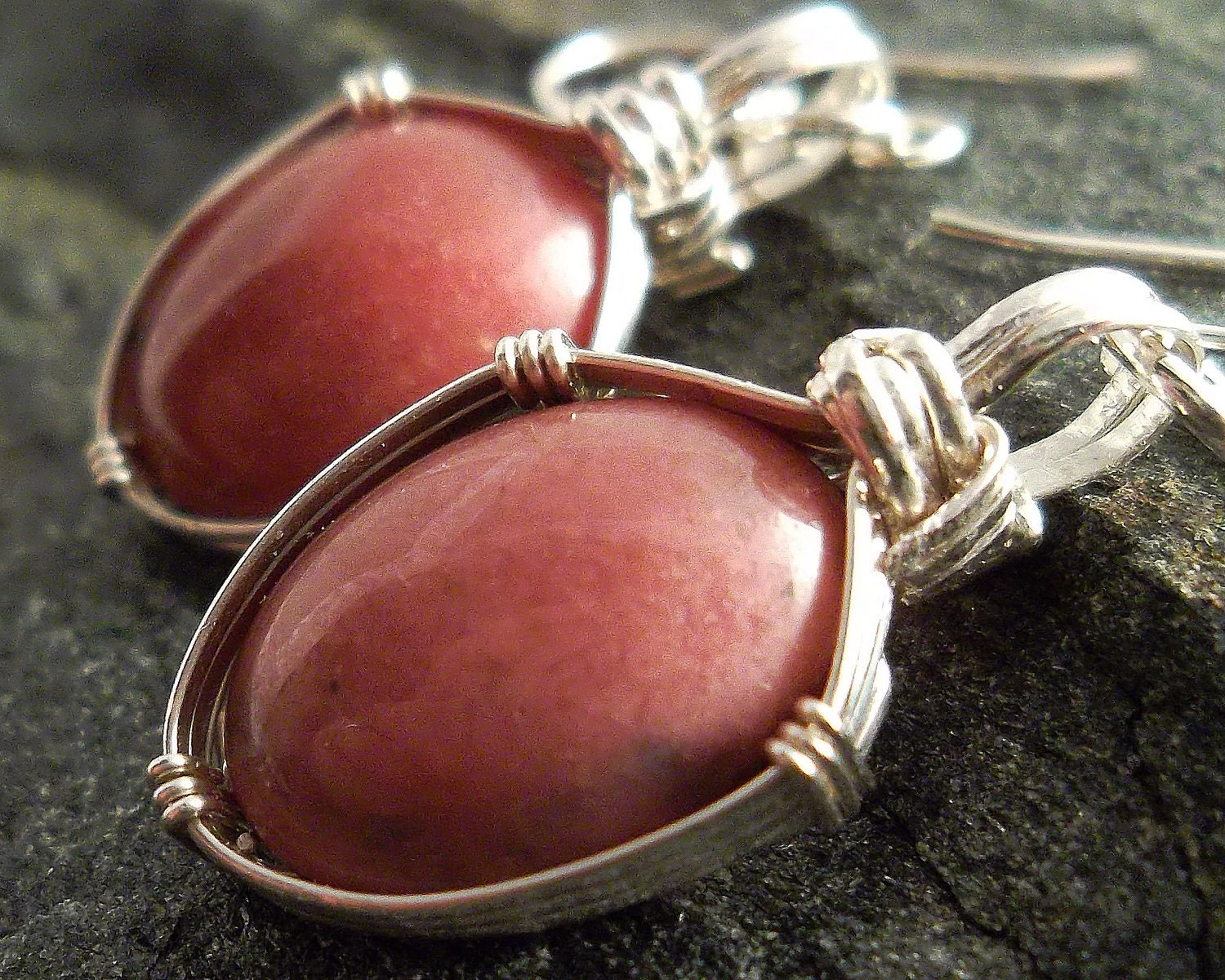 Wire Wrapped Earrings, Rose Pink Rhodonite Stone and Sterling Silver