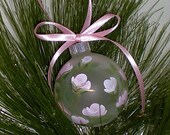 Hand Painted OOAK Heirloom Contemporary Christmas Ornament - Baby Pink Rose Buds, Green Stems Edged in Gold, Pink Ribbon - Ready to Ship