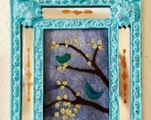 Glenn Ellen Afternoon Felt Wall Art, refurbished frame, needle felt, modern vintage style, bird, tree, blue sky, fiber art