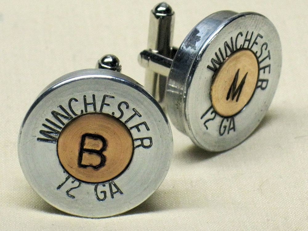 Shotgun Shell Monogram Cufflinks - Winchester 12 Gauge Nickel Silver Tone Copper Disc
