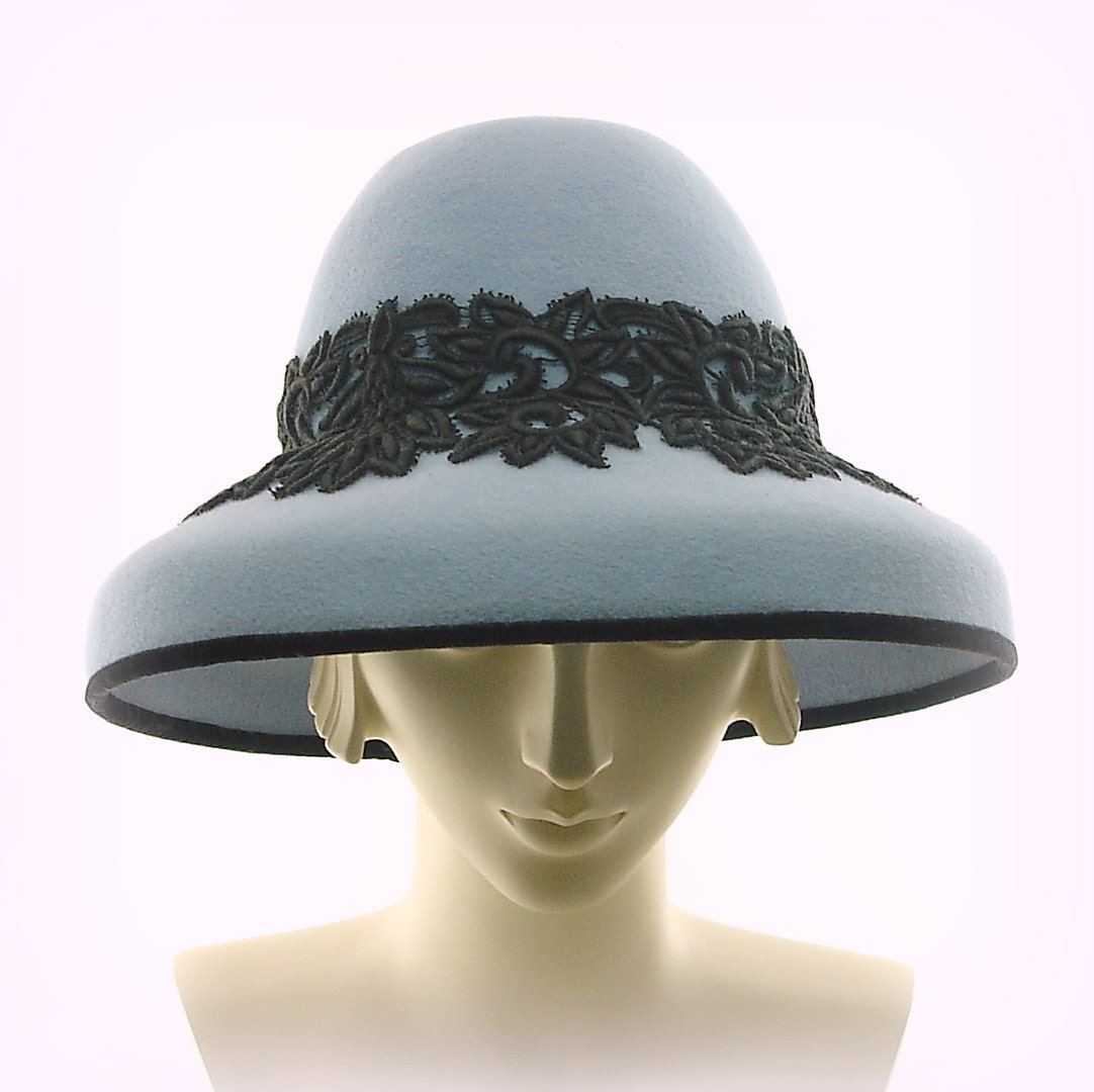 Wide Brim Hat for Women Downton Abbey 1920's Fashion Hat Light Blue Fur Felt w Black Lace - TheMillineryShop