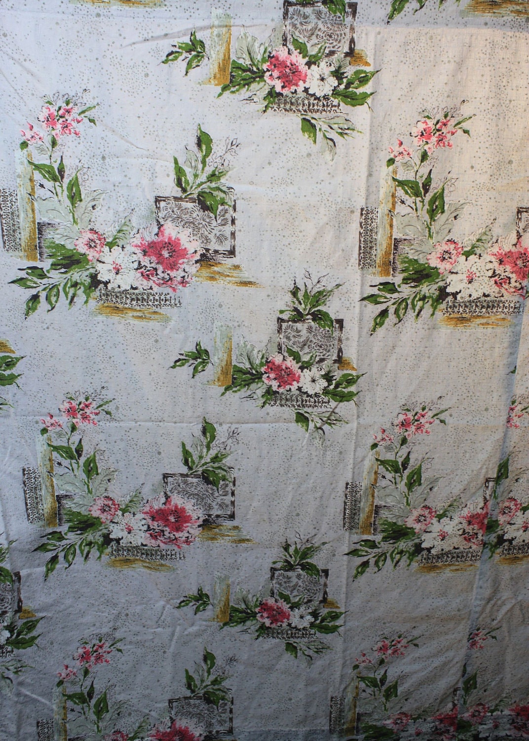 Vintage Bark Cloth Curtain Panel/Drapery Panel in a Floral and Greenery Motif 68w X 60 long
