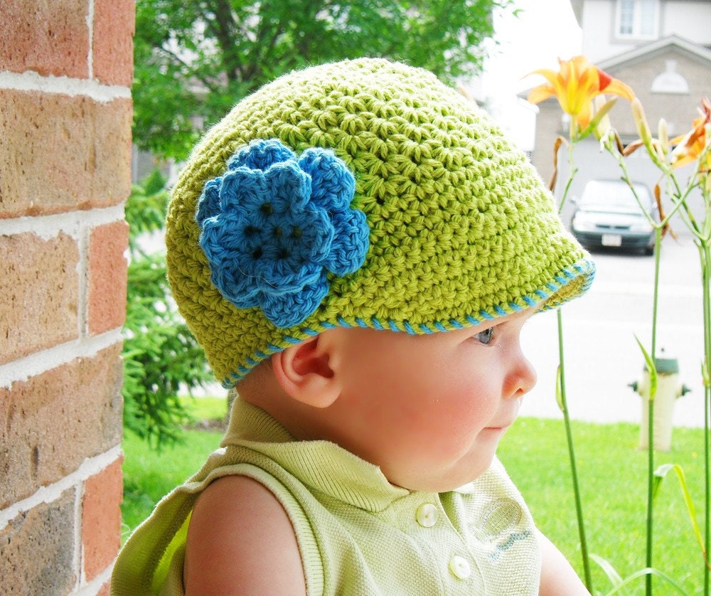 ON SALE Cotton Newsboy Hat for Girls - Hot Green with Blue Flower and Trim - available in Four Sizes - kiddodesigns