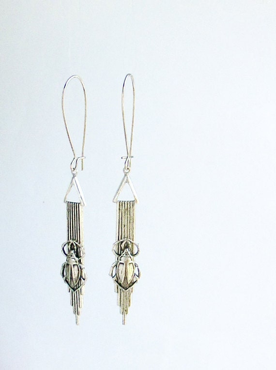 Art Deco Earrings,Egyptian Scarab Earrings,Anttique Silver,