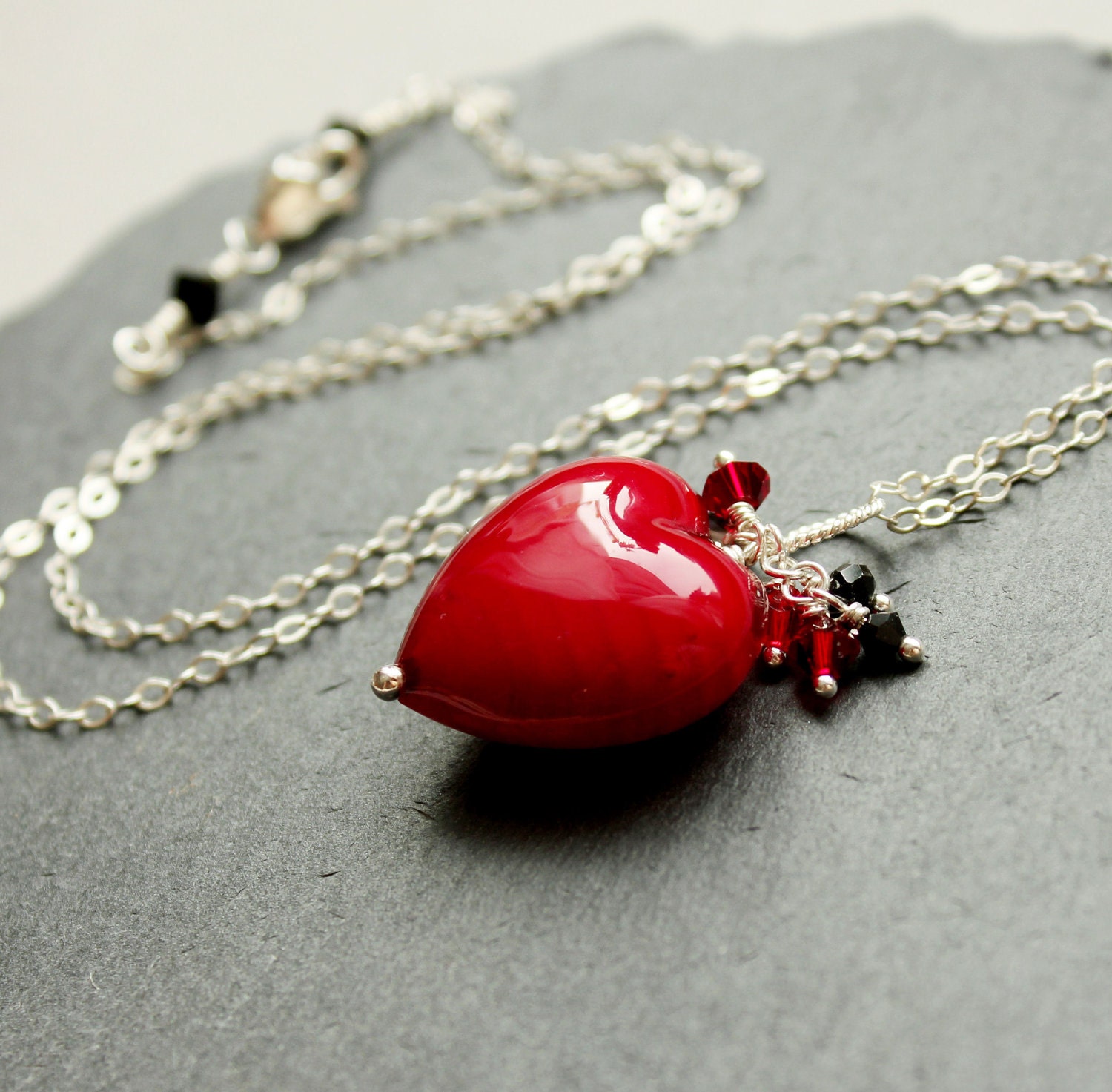 Red Heart Necklace - Murano, Cluster, Lampwork Jewelry,   Glass Necklace, Handmade Necklace