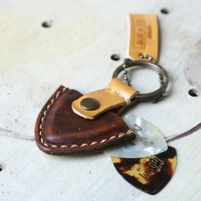 Father's Day Gift Personalized Vintage style Guitar pick case leather keyring - Hand Stitched