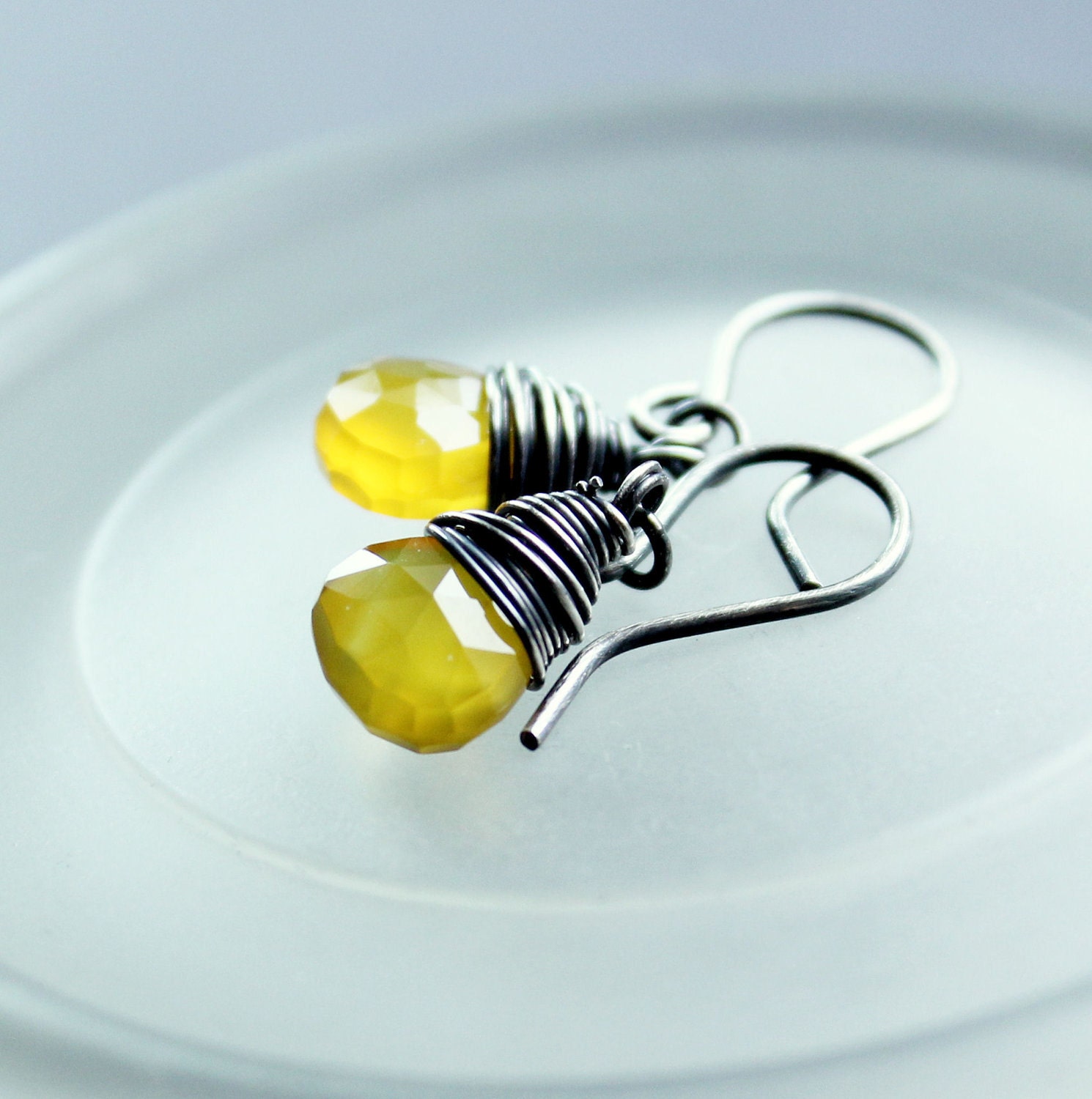Gemstone Earrings -   Handmade Earrings, Oxidized Silver, Yellow Chalcedony,  Gemstone Jewelry,   Wire Wrapped
