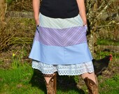 Summer Chevron Dress Shirt Skirt Striped Bias Upcycled from Men's Shirts Geometric V w Side Pockets & Elastic Waist Pastel Blue Purple
