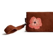Hand Embroidered Peach Flower on Brown Clutch Purse, Spring Fashion, Gift Under 75 For Her