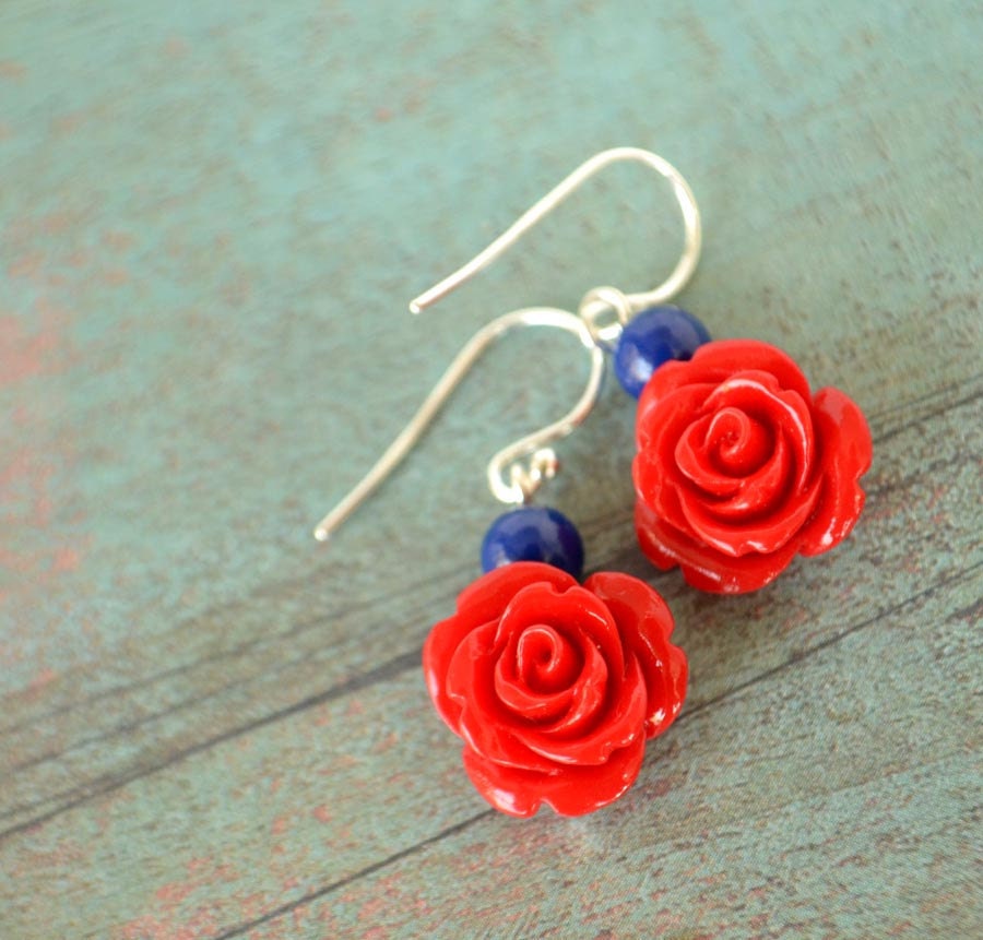 Frida Roses in orange-red with cobalt blue jade stone and sterling silver