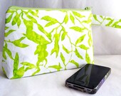 Cosmetics Bag, Knitting Notions Zipper Pouch, Project Bag, Lime Green White Batik Leaf Print